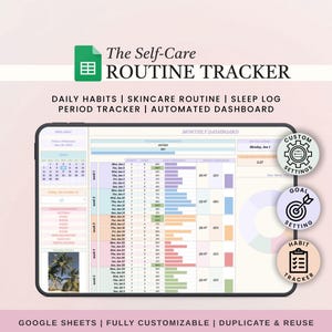 Può includere: Un tracker digitale per la routine di cura personale visualizzato su uno schermo di tablet, con una dashboard mensile per abitudini quotidiane, skincare, sonno e ciclo. Include tre icone circolari per impostazioni, obiettivi e abitudini.