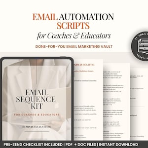 May include: A digital tablet displays an Email Sequence Kit for Coaches & Educators. The screen shows a cover page with the title and MintCanvas Studio branding. Beside it, several document pages feature text, and a circular badge reads 31 Email Scripts.