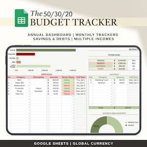 Può includere: Modello digitale di monitoraggio del budget su uno schermo di tablet. Il foglio di calcolo mostra entrate, spese, risparmi e debiti, con sezioni per bisogni, desideri e obiettivi di risparmio. Il testo sullo schermo recita "The 50/30/20 Budget Tracker."