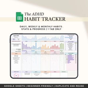 Può includere: Tracker digitale delle abitudini visualizzato su un tablet. Il tracker è progettato per abitudini giornaliere, settimanali e mensili, con sezioni per statistiche e progressi. Il testo dice "The ADHD Habit Tracker".