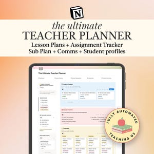 May include: A digital tablet displaying a teacher planner interface with sections for lesson plans, assignment tracking, and student profiles. The screen shows a dashboard with a timetable and task lists. A circular badge features an apple on books.