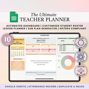 Può includere: Un pianificatore digitale per insegnanti su Google Sheets intitolato The Ultimate Teacher Planner. La dashboard mostra un registro studenti automatizzato, un pianificatore di lezioni e un grafico di distribuzione dei voti.