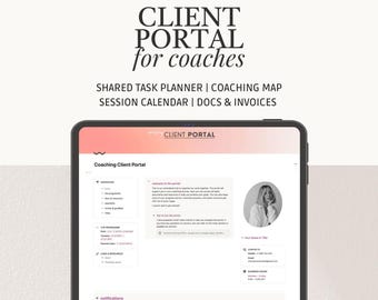 Może przedstawiać: Cyfrowy tablet wyświetla interfejs portalu klienta coachingowego. Ekran pokazuje wiadomość powitalną, opcje nawigacji i kalendarz sesji. Tekst zawiera "Client Portal for coaches" i "Elevate your client experience, build lasting connections."