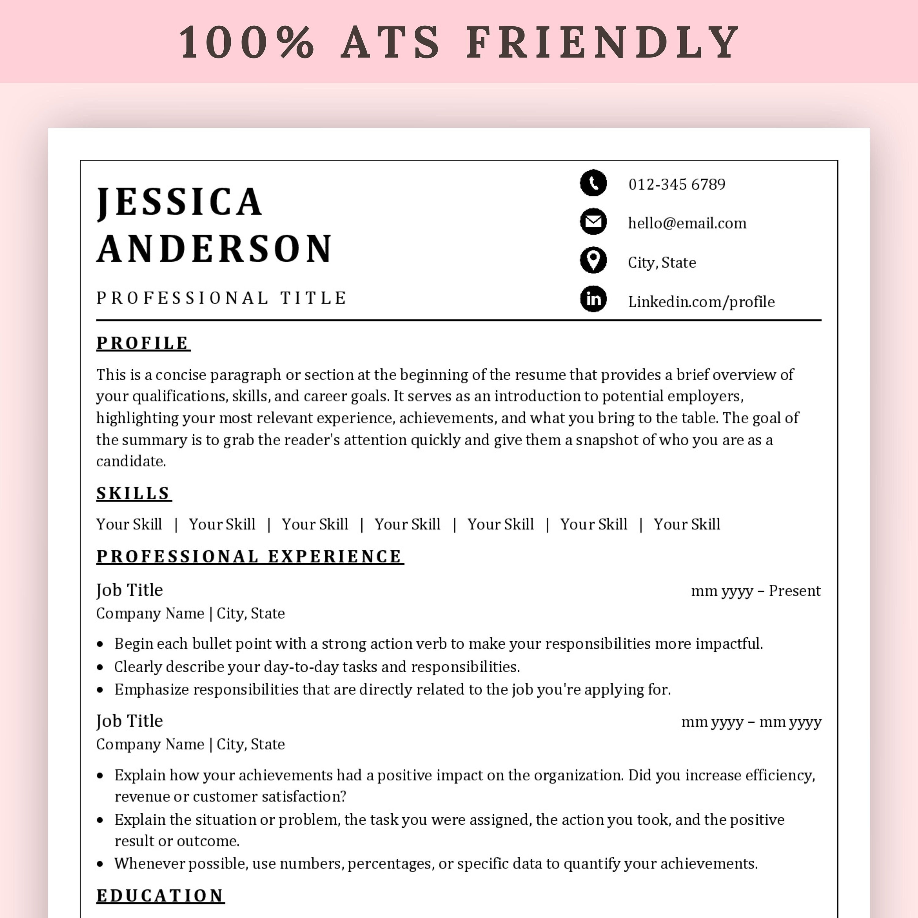 Ats Friendly Resume Template Microsoft Word Cv Template Professional
