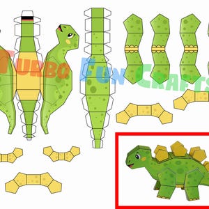 May include: A green and yellow papercraft dinosaur with a smiling face and yellow plates on its back. The image includes the flat, unfolded pieces and a completed 3D model. The text "TURBO FUN CRAFTS" is visible.