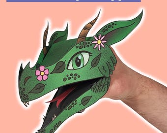 Plantilla de marioneta de papel de dragón de hoja esmeralda - Dragón de fantasía imprimible para niños - Descarga instantánea en PDF