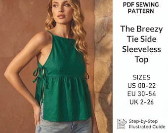 Patron de couture PDF | Camisole d'été sans manches pour femme | Débutant facile | Chemisier avec nœud sur le côté | Tailles XS-XXL, A4 A0