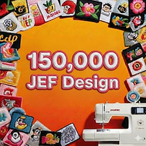 以下が含まれることがあります： オレンジ色の背景に、白とピンクで「150,000 JEF Design」と書かれたテキスト。カラフルなデザインの刺繍パッチが周りに配置されています。右下には白いミシンがあります。
