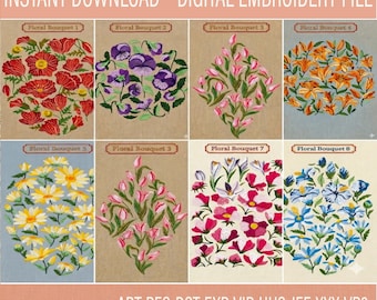 Bouquet de motifs floraux brodés | Motif de la collection de jardin | Fichiers de 3 tailles à téléchargement numérique instantané
