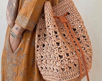Modèle de sac au crochet, sac seau en raphia, sac à main bohème avec cordon de serrage, sac de plage d'été, cabas français