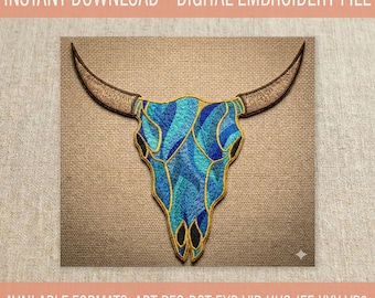 Motif de broderie Machine tête de mort en mosaïque, tête de taureau Longhorn, téléchargement immédiat