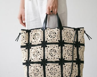 Sac fourre-tout carré en raphia au crochet | DIY Sac bohème du marché d'été (PDF numérique)