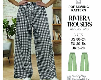 Patron de couture pour pantalons larges Riviera PDF | Pantalon palazzo taille haute | Motif streetwear lounge | Projets de couture pour débutants