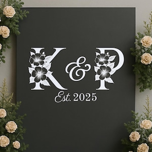 Floral Wedding Monogram Decal - Custom Initials and Date Vinyl Sticker - Personalized Wedding Backdrop Decor - Romantic Couple Sign Decal