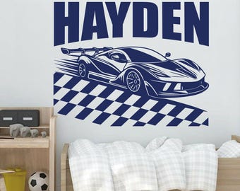 Calcomanía de pared personalizada de coche de carreras: Bandera de carreras, decoración para habitación de niño