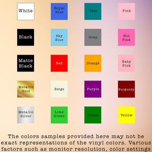 A color chart displaying various standard vinyl colors for decals, including shades like white, black, royal blue, and metallic gold. Each color is shown in a square with the name labeled underneath.