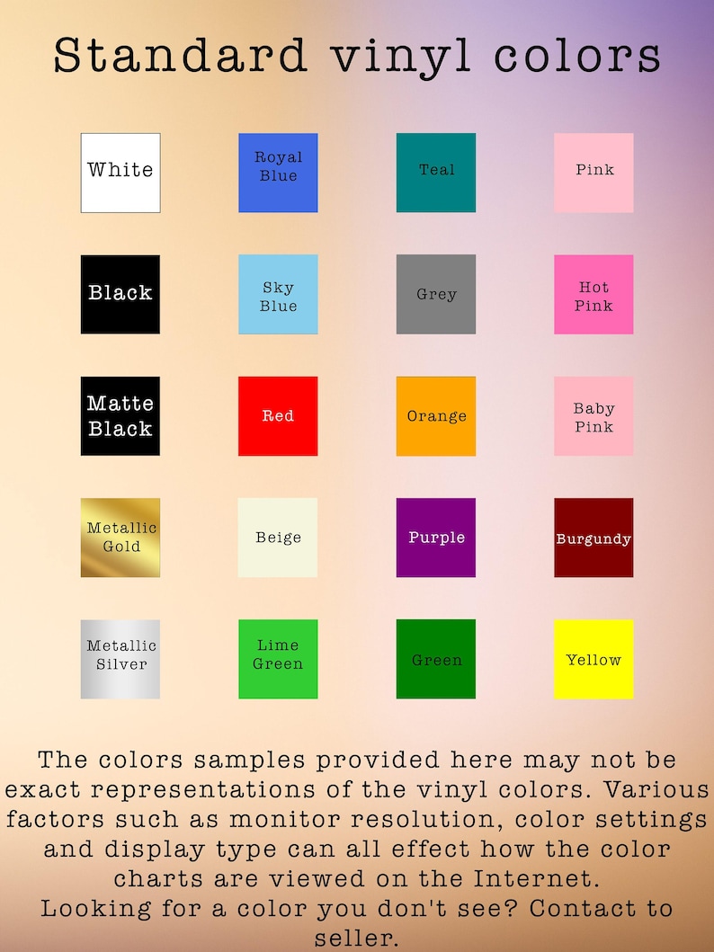 A color chart displaying various standard vinyl colors for decals, including shades like white, black, royal blue, and metallic gold. Each color is shown in a square with the name labeled underneath.
