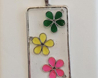 Hand Poured Resin Flower Pendant, Glitter Sparkle Boho Necklace