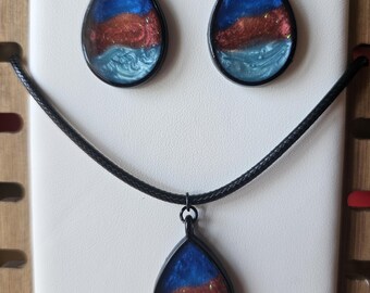 Blue and Rust Resin Teardrop Earrings Necklace Set, Black Bezels, Hypoallergenic Hooks