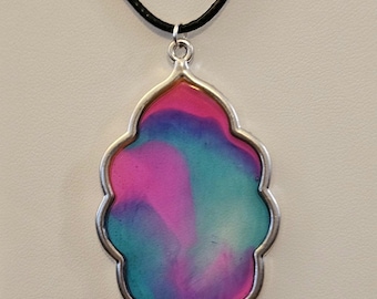 Boho Swirl Pendant Necklace, Pink Teal Silver Bezel, Adjustable Leather Cord