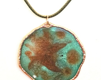 Green and Brownish red Resin Pendant, in Rose Gold bezel. Necklace, Boho, unique, handmade