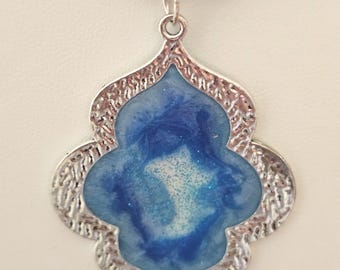 Blue Pearlescent Resin Glitter Necklace, Quatrefoil Silver Bezel, Adjustable Leather Cord