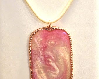 Pink Cream Resin Pendant Necklace, Rose Gold Bezel, Boho Style