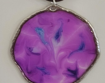 Purple Blue Tie Dye Pendant, Silver Bezel, Black Cord Necklace