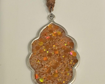 Handmade Orange Glitter Resin Leaf Pendant Necklace, Boho Adjustable Choker