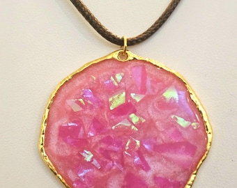 Pink Glitter Pendant Necklace, Gold Bezel, Adjustable Leather Cord