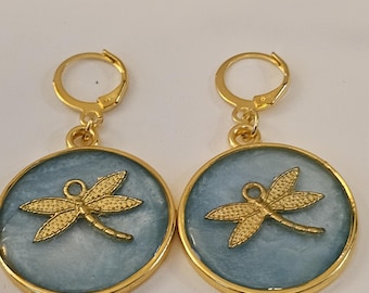 Light blue resin in brass bezel with brass dragonfly charm inside Boho Dangle Earrings
