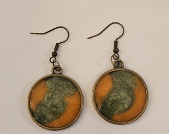 Handmade Swirly Green and Golden Resin Earrings, Antique Brass Bezel, Boho Style