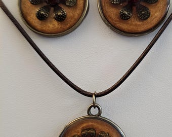 Golden Bronze Resin Charm Set with Ruby Bead, Antique Brass Hooks