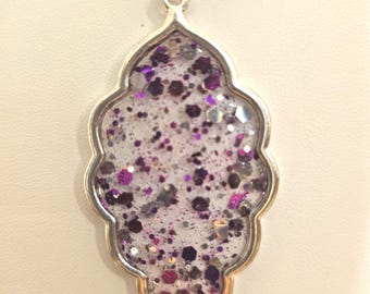 Sparkly Purple Glitter Resin Necklace, Silver Bezel Pendant, Boho Style