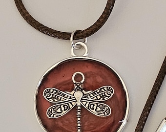 Burgundy Resin with a Dragonfly charm. Boho Nature Inspired Necklace
