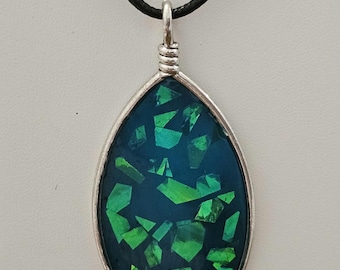 Teal Resin Glitter Pendant Necklace – Silver Bezel, Iridescent Shimmer, Adjustable Rope