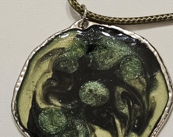 Boho Swirl Resin Pendant Necklace, Green Black Silver Bezel, Adjustable Leather Cord