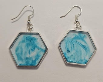 Green tie dye style resin in a hexagon bezel, sterling silver fish hook earrings
