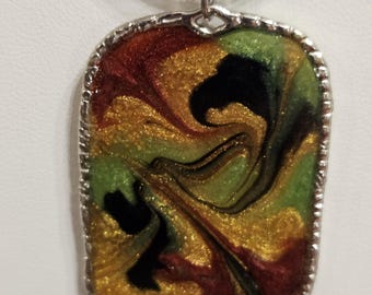 Black, gold, green and burgundy iridescent pendant, necklace, Boho, unique, handmade