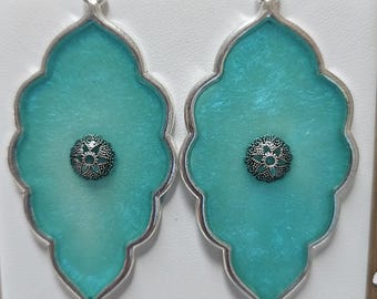 Sterling Silver Fish Hook Earrings with Light Blue Resin and Raised Charm