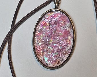 Resin Glitter Necklace, Pink Iridescent Chunky Pendant, Brown Cord Jewelry