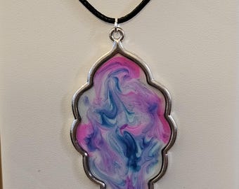 Boho Swirl Pendant Necklace, Pink Teal Silver Bezel, Adjustable Leather Cord