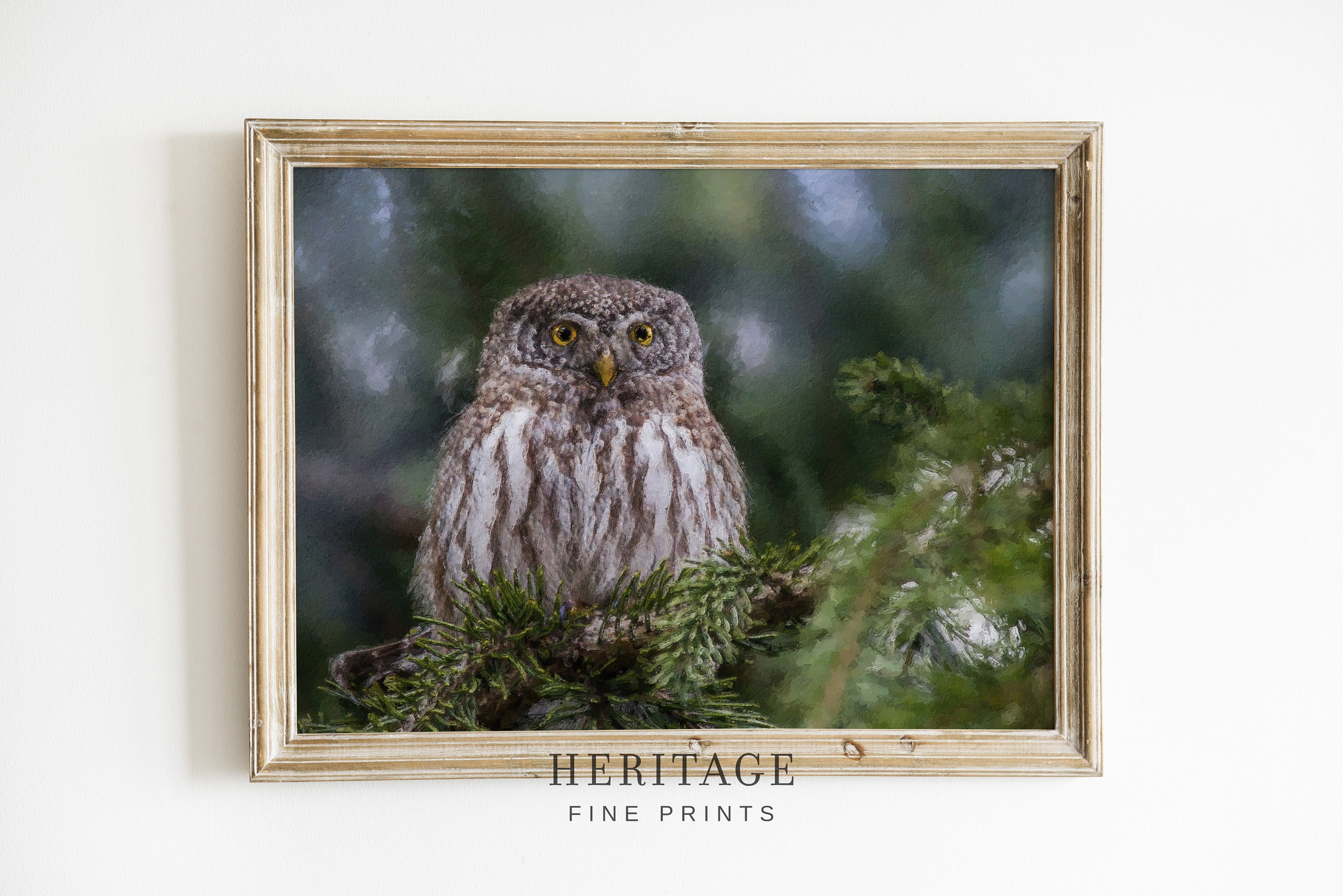 Owl in Evergreen Art Print | Winter Farmhouse PRINTABLE Neutral Painting Wall Art Digital Download |