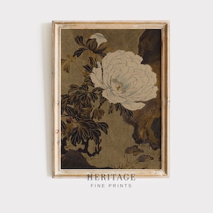 Digital print of a vintage Japanese style painting of a white peony flower with dark green leaves and a brown background. Digital download. Printable farmhouse decor. Spring decor. Floral print. Vintage print. Spring floral print. Mother's Day gift. Gift for mom.