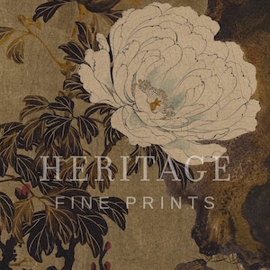 Digital print of a vintage Japanese style painting of a white peony flower with dark green leaves and a brown background. Digital download. Printable farmhouse decor. Spring decor. Floral print. Vintage print. Spring floral print. Mother's Day gift. Gift for mom.