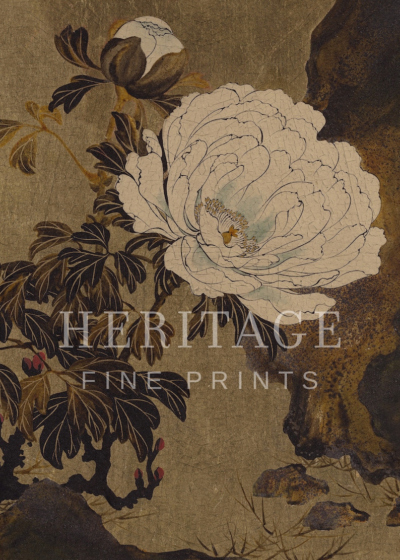 Digital print of a vintage Japanese style painting of a white peony flower with dark green leaves and a brown background. Digital download. Printable farmhouse decor. Spring decor. Floral print. Vintage print. Spring floral print. Mother's Day gift. Gift for mom.