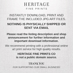 Pode incluir: Texto sobre um fundo branco que diz "HERITAGE FINE PRINTS" em texto preto. Abaixo do texto, h&aacute; uma mensagem que diz "BAIXE, IMPRIMA E ENQUADRE INSTANTANEAMENTE OS ARQUIVOS JPG DE ARTE INCLU&Iacute;DOS. NADA &Eacute; ENVIADO FISICAMENTE OU ENVIADO POR E-MAIL. Leia a descri&ccedil;&atilde;o da listagem e o an&uacute;ncio da loja para obter mais informa&ccedil;&otilde;es e informa&ccedil;&otilde;es importantes sobre o download. Recomendamos imprimir com um servi&ccedil;o de impress&atilde;o de arte online profissional para obter resultados de alta qualidade. HERITAGE FINE PRINTS CO n&atilde;o &eacute; uma fonte de dom&iacute;nio p&uacute;blico. OBRIGADO POR APOIAR O NOSSO PEQUENO NEG&Oacute;CIO!"