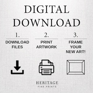 Pode incluir: Instru&ccedil;&otilde;es de download digital em tr&ecirc;s etapas: fa&ccedil;a o download dos arquivos, imprima a obra de arte e enquadre sua nova arte. As etapas s&atilde;o ilustradas com &iacute;cones de uma seta de download, uma impressora e uma moldura. O texto "HERITAGE FINE PRINTS" est&aacute; na parte inferior da imagem.