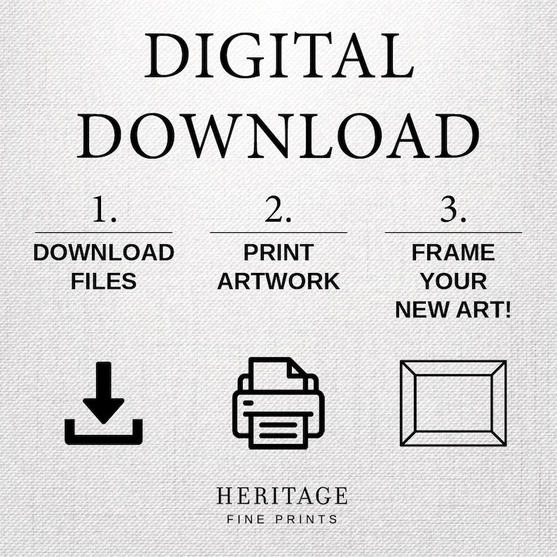 Pode incluir: Instru&ccedil;&otilde;es de download digital em tr&ecirc;s etapas: fa&ccedil;a o download dos arquivos, imprima a obra de arte e enquadre sua nova arte. As etapas s&atilde;o ilustradas com &iacute;cones de uma seta de download, uma impressora e uma moldura. O texto "HERITAGE FINE PRINTS" est&aacute; na parte inferior da imagem.