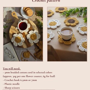 May include: Crochet pattern for flower coasters. The image shows several finished coasters in a daisy design, with white petals and a yellow center. The text on the image says "Flower coaster Crochet pattern".